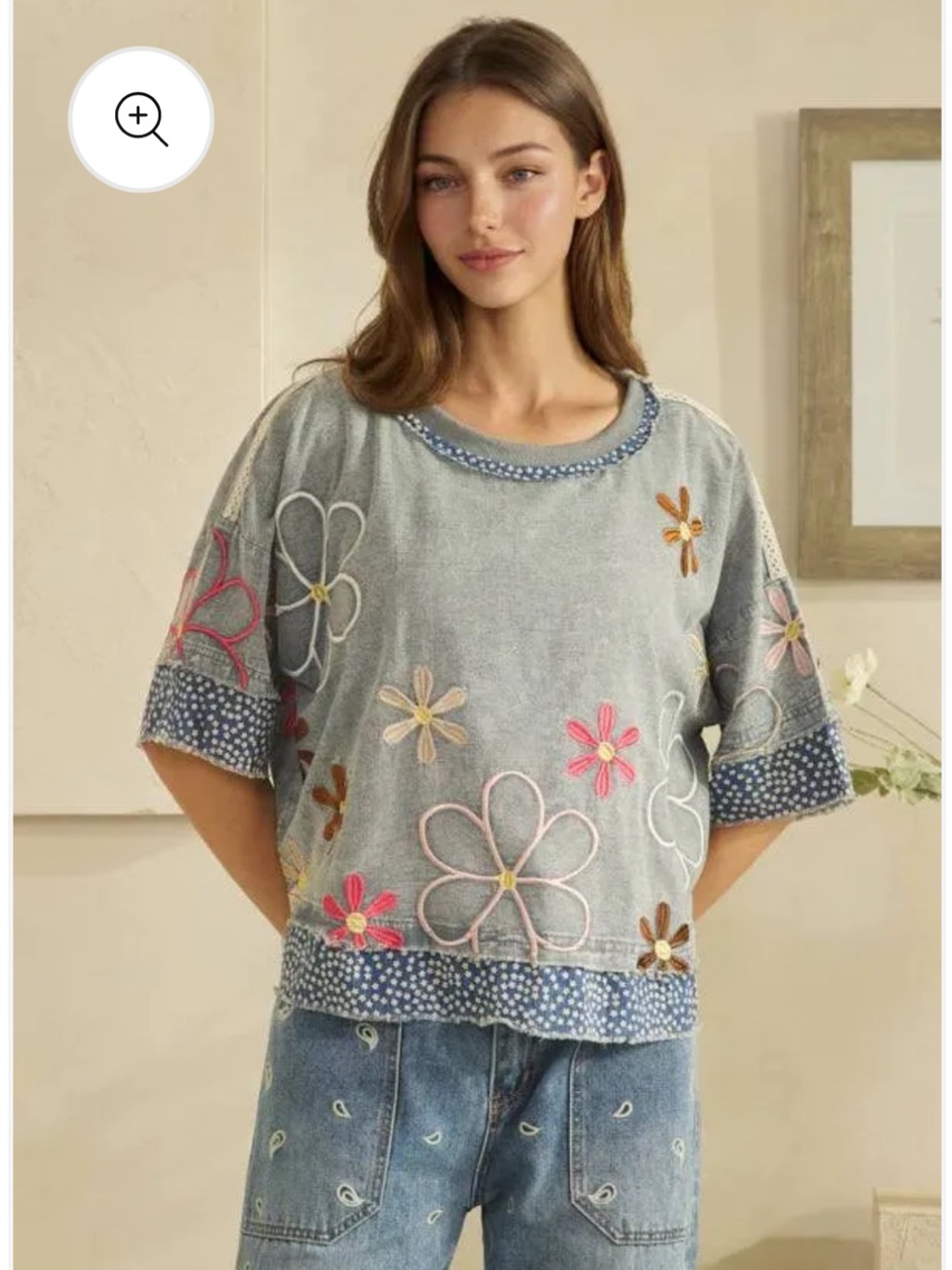 Oli and Hali slate blue floral embroidered top size S